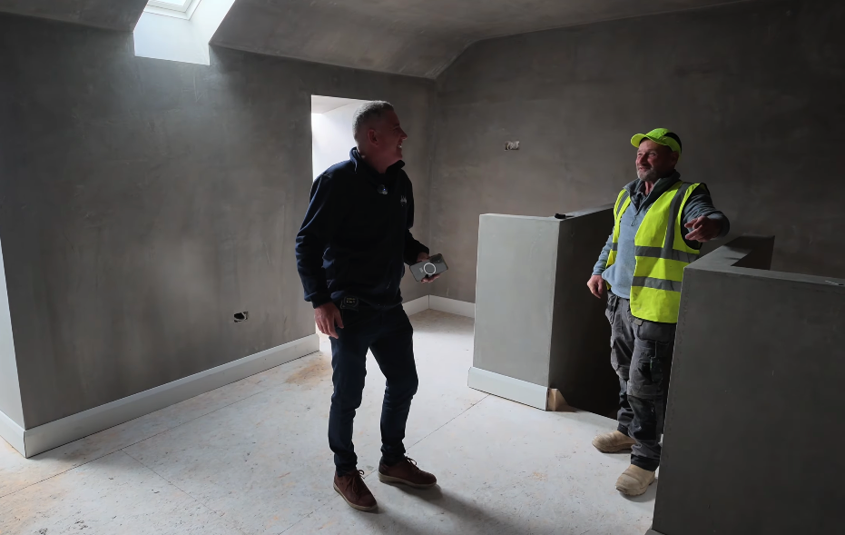 Sean from 5th Avenue Floor Store on site with the site foreman at the Whitesland Kildare development, August 2026