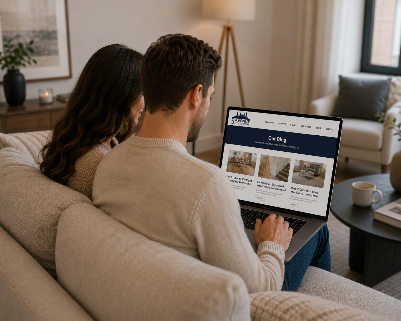 Couple browsing the 5th Avenue Floor Store blog for flooring advice