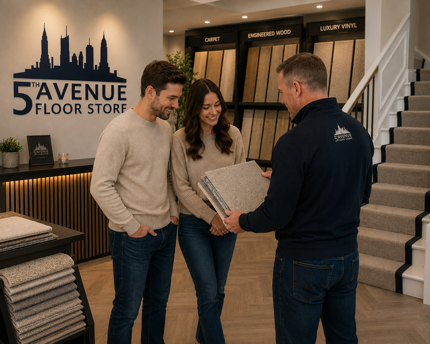 Customers discussing flooring options and quotations with a 5th Avenue Floor Store advisor